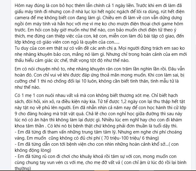 Lời cầu cứu thu hút hơn 1k lượt like của phụ huynh Hà Nội: Nghe những gì con trai chị làm, nhiều người khuyên phải xử lý sớm!