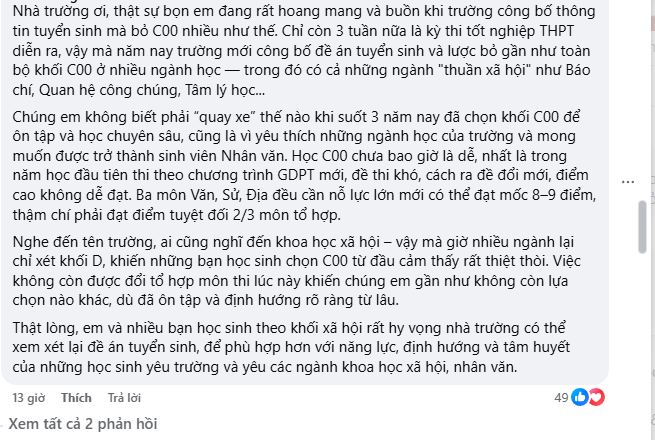 Trên trang Facebook của Trường Đại học Khoa học Xã hội và Nhân văn, nhiều học sinh để lại bình luận lo lắng 