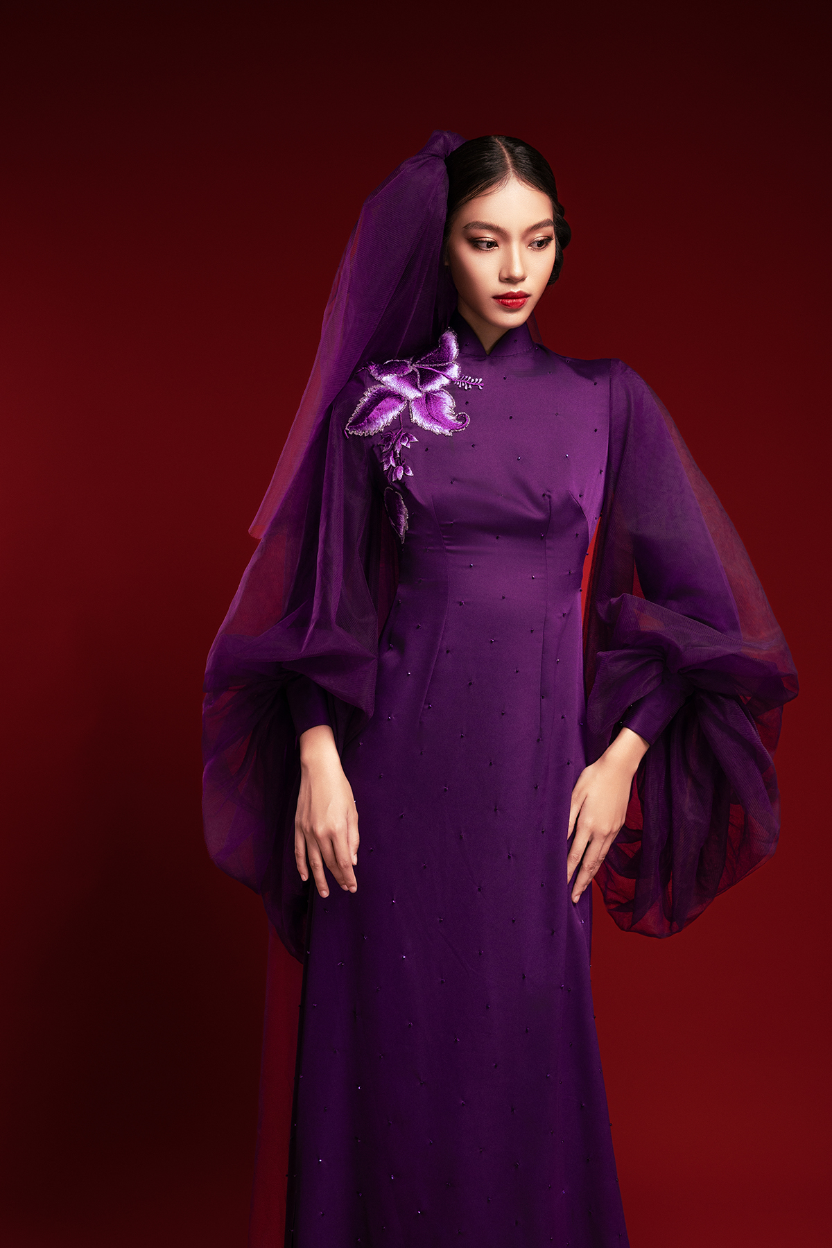 Quán quân Vietnam’s Next Top Model 2025 Lại Mai Hoa khoe sắc vóc cực chuẩn khi diện áo dài sắc tím