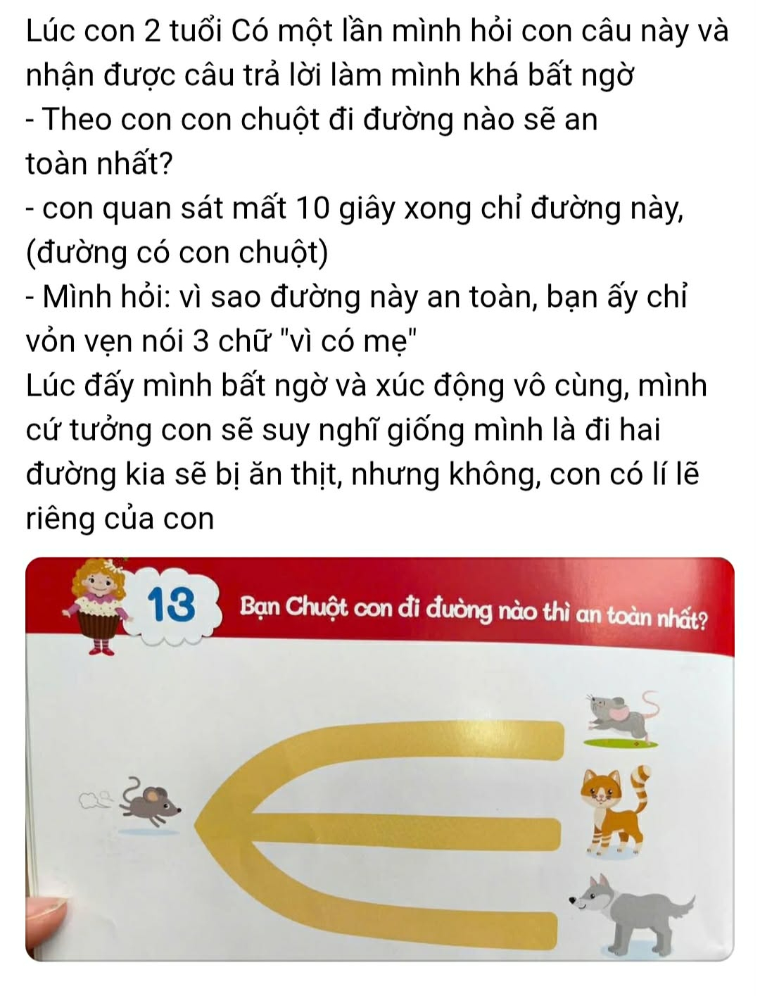 Bé nhìn bức tranh vài giây, rồi chỉ tay vào con đường có… con chuột. Khi được hỏi lý do, em bé chỉ nói đúng 3 chữ: 