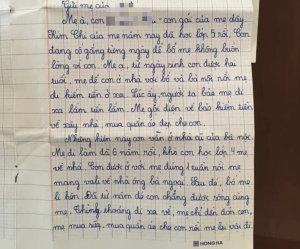 Bức thư nữ sinh lớp 5 gửi mẹ xúc động: 