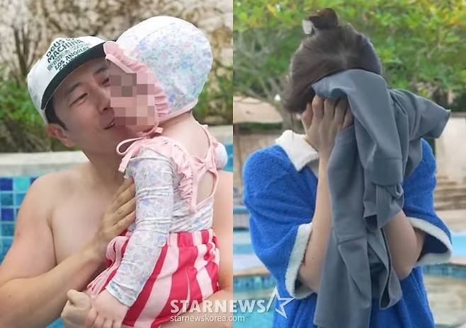 Ji Sang Eun vẫn lo lắng hỏi: “(Con bé) có uống nước không? Đã nói là tuyệt đối không để con uống nước hồ bơi mà”, rồi dùng khăn che mặt bé, trông như sắp khóc.