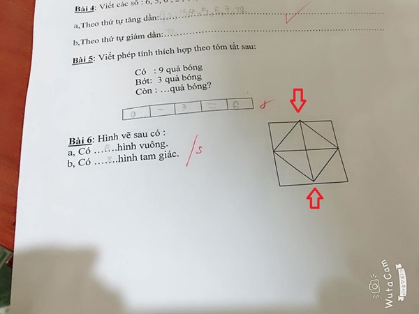 Theo hình ảnh được đăng tải, đề bài yêu cầu học sinh quan sát hình vẽ và trả lời hai câu hỏi: trong hình có bao nhiêu hình vuông và bao nhiêu hình tam giác. 