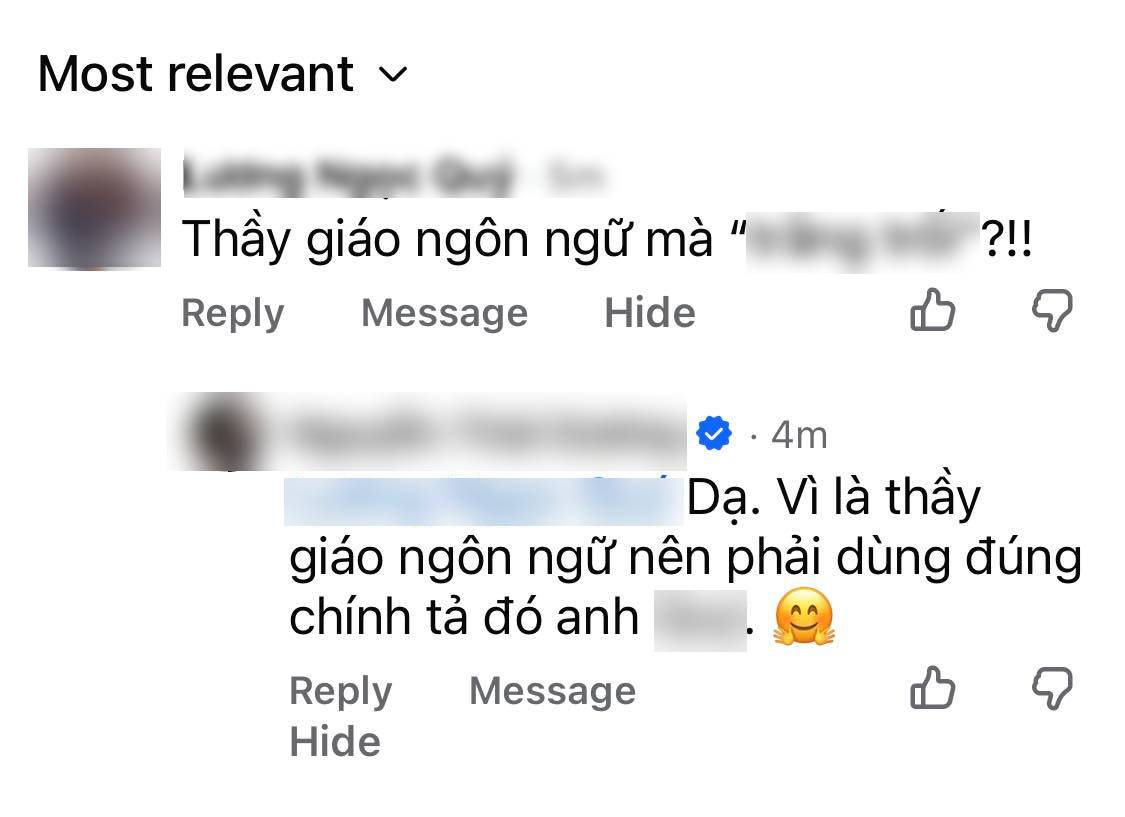 Bình luận này lập tức khiến nhiều người chú ý, bởi người bị góp ý lại là một thầy giáo chuyên về ngôn ngữ.