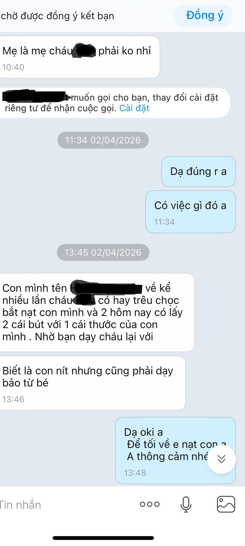 Tin nhắn ban đầu của 2 phụ huynh