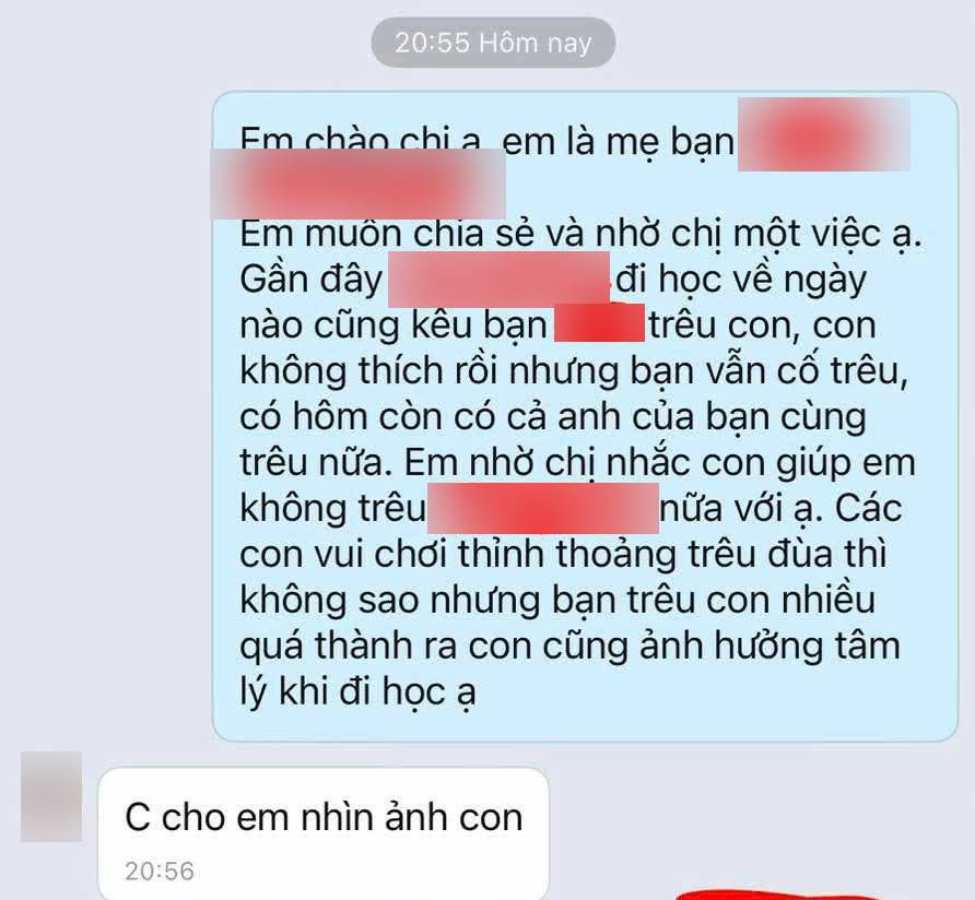 Tin nhắn của chị A khá nhẹ nhàng, mang tính chia sẻ và mong muốn phối hợp: mong phía phụ huynh nhắc nhở con, vì việc trêu chọc lặp lại đã bắt đầu ảnh hưởng đến tâm lý của bé.