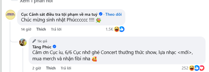 Tăng Phúc bất ngờ fanpage Cục Cảnh sát điều tra tội phạm về ma túy gọi tên