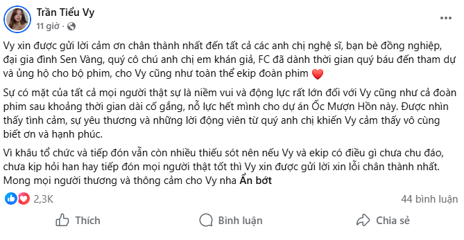 Bài đăng của Tiểu Vy không nhắc trực tiếp tới hành động đang gây tranh cãi - Ảnh: FBNV