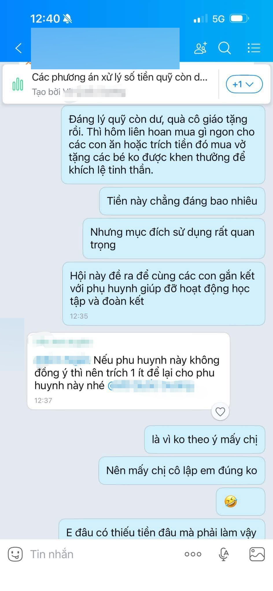 Tin nhắn gây tranh cãi trong nhóm phụ huynh