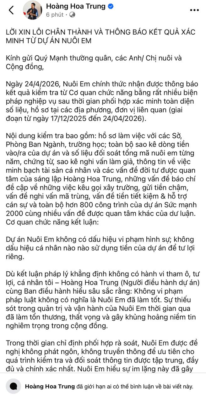 Sau gần nửa năm im lặng, Hoàng Hoa Trung lên tiếng xin lỗi về dự án Nuôi em và khóa bình luận