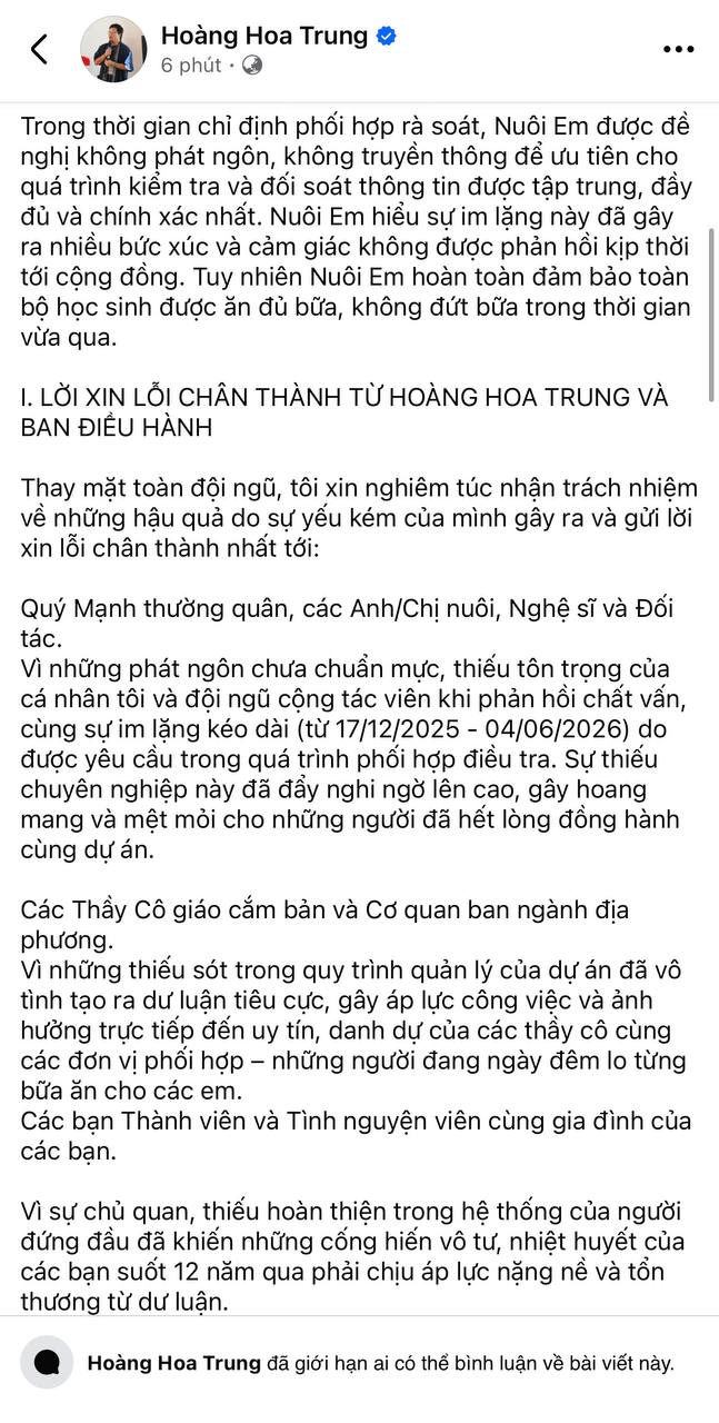 Sau gần nửa năm im lặng, Hoàng Hoa Trung lên tiếng xin lỗi về dự án Nuôi em và khóa bình luận