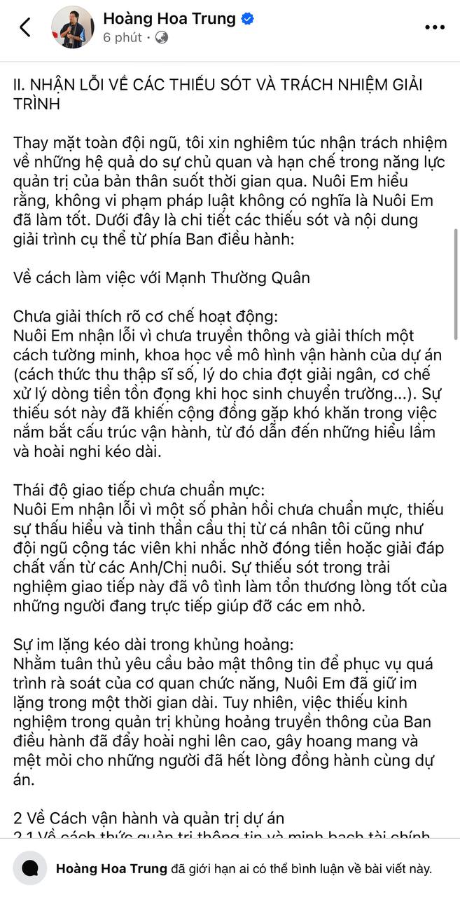 Sau gần nửa năm im lặng, Hoàng Hoa Trung lên tiếng xin lỗi về dự án Nuôi em và khóa bình luận