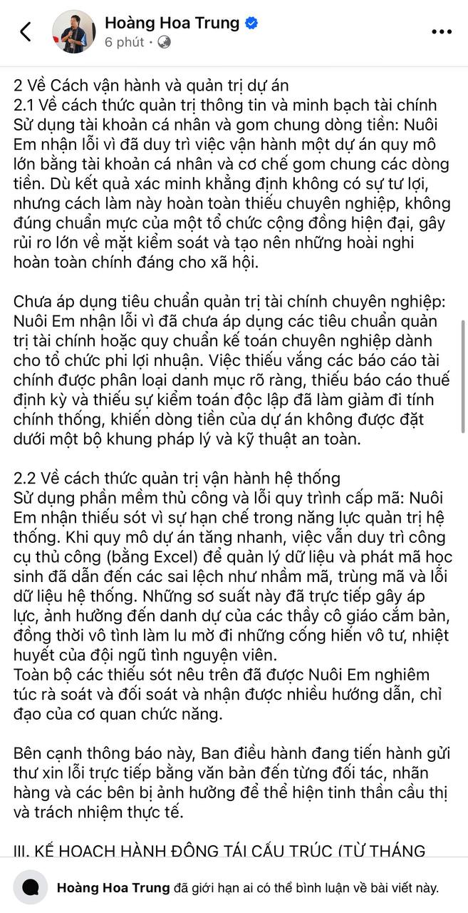 Sau gần nửa năm im lặng, Hoàng Hoa Trung lên tiếng xin lỗi về dự án Nuôi em và khóa bình luận