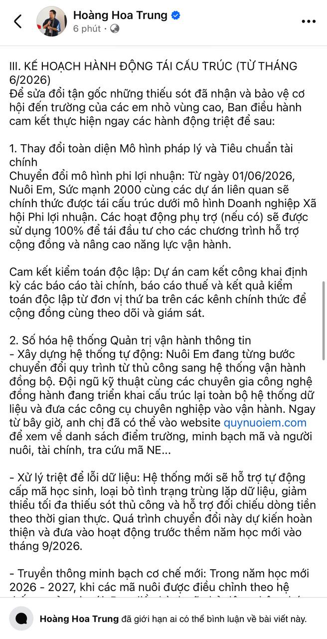 Sau gần nửa năm im lặng, Hoàng Hoa Trung lên tiếng xin lỗi về dự án Nuôi em và khóa bình luận