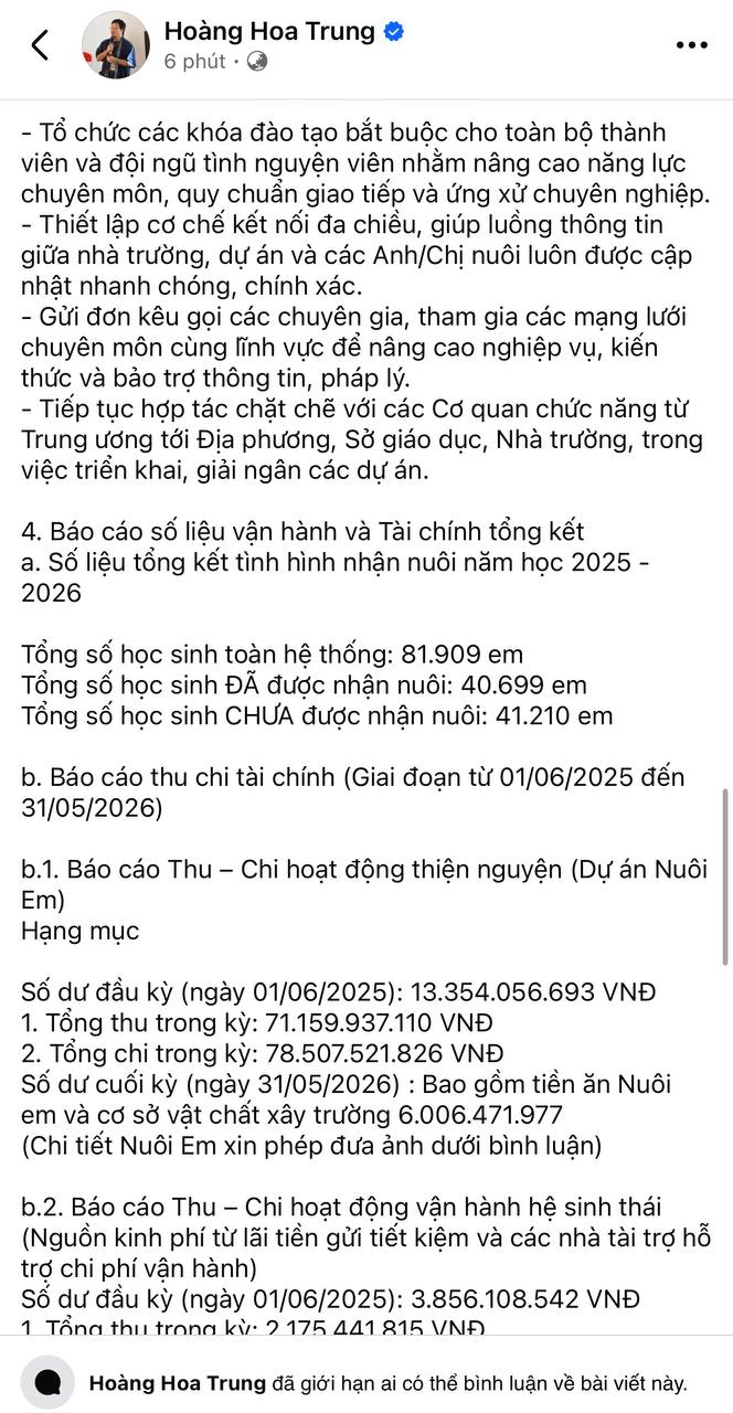 Sau gần nửa năm im lặng, Hoàng Hoa Trung lên tiếng xin lỗi về dự án Nuôi em và khóa bình luận