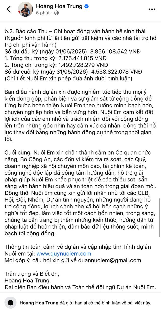 Sau gần nửa năm im lặng, Hoàng Hoa Trung lên tiếng xin lỗi về dự án Nuôi em và khóa bình luận