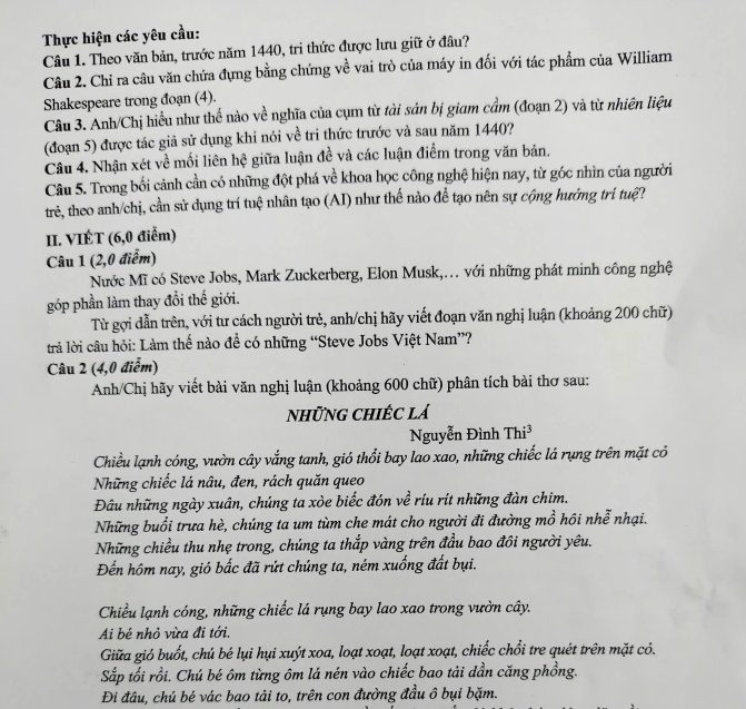 Đề thi văn tốt nghiệp THPT năm nay