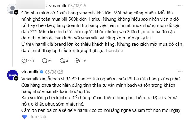 Cầu thị là cách mà Vinamilk sử dụng trên Threads