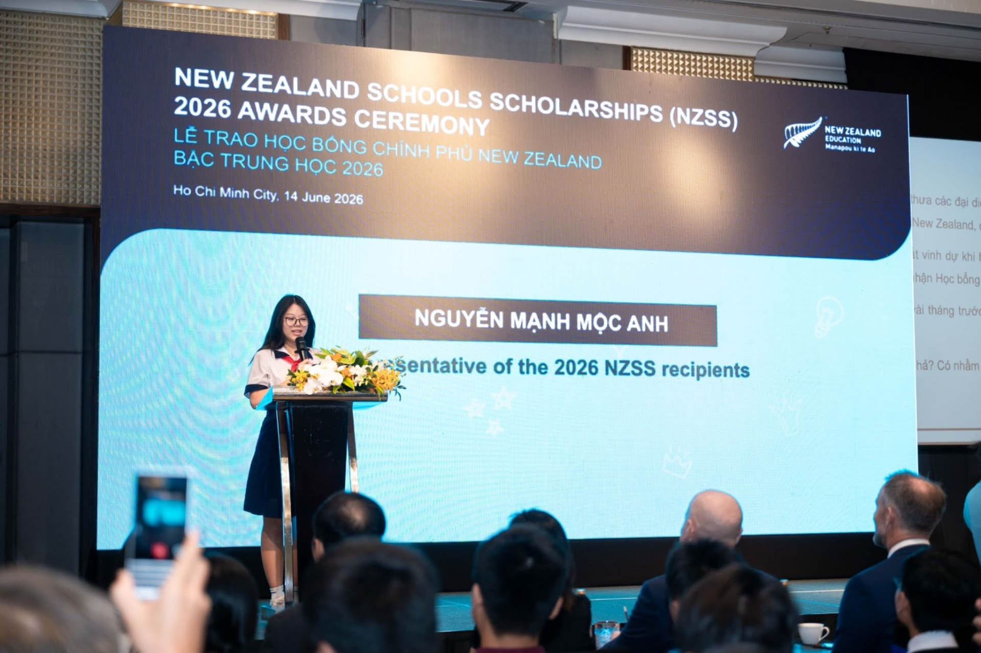 Mộc Anh đại diện cho các chủ nhân học bổng NZSS bày tỏ niềm tự hào và chia sẻ mục tiêu trong hành trình du học sắp tới tại New Zealand