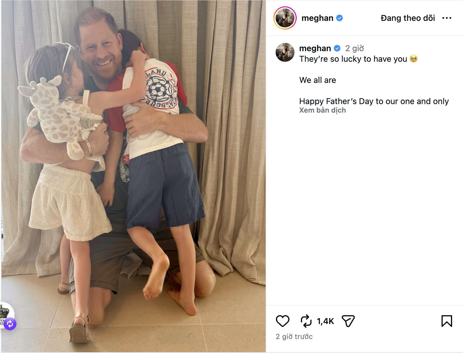 Meghan đăng ảnh Harry ôm Archie và Lilibet trong Ngày của Cha: