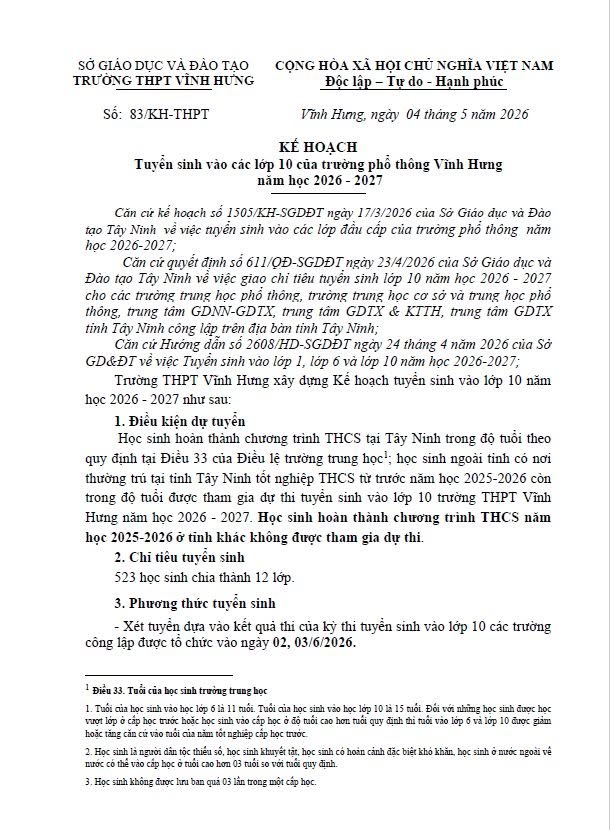 Thông tin tuyển sinh của trường THPT Vĩnh Hưng Tây Ninh
