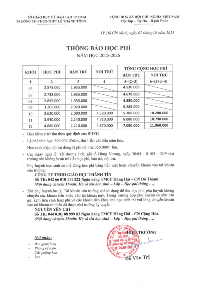 Học phí của nhà trường năm học 2025-2026