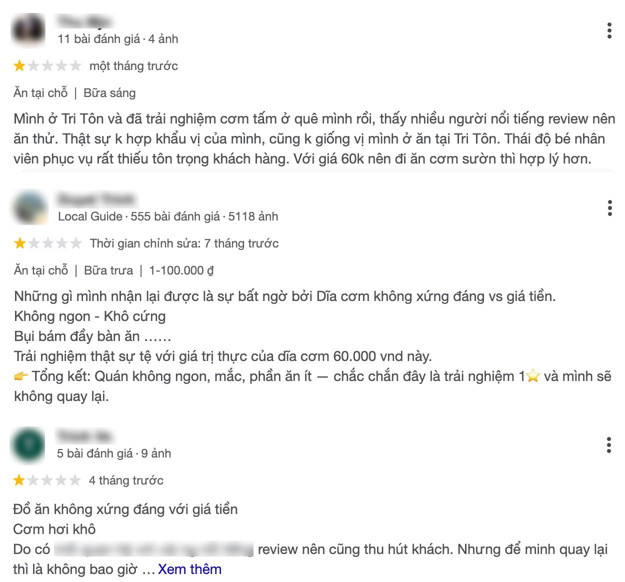 Một số nhận xét đánh giá 1 sao về hàng cơm tấm này trên Google (Ảnh chụp màn hình)