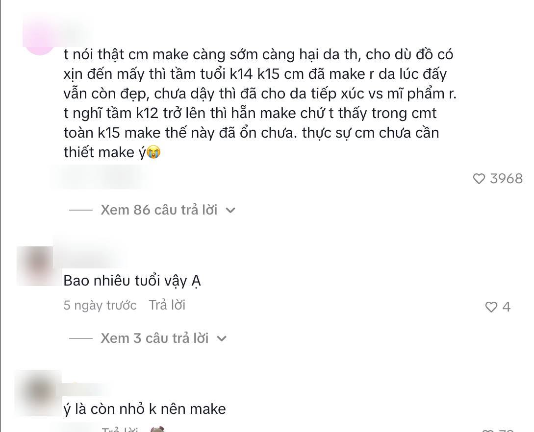 Một số cư dân mạng cho rằng học sinh lớp 7 vẫn còn khá nhỏ để thường xuyên tiếp xúc với mỹ phẩm, đặc biệt nếu phải trang điểm với tần suất dày đặc để quay video.