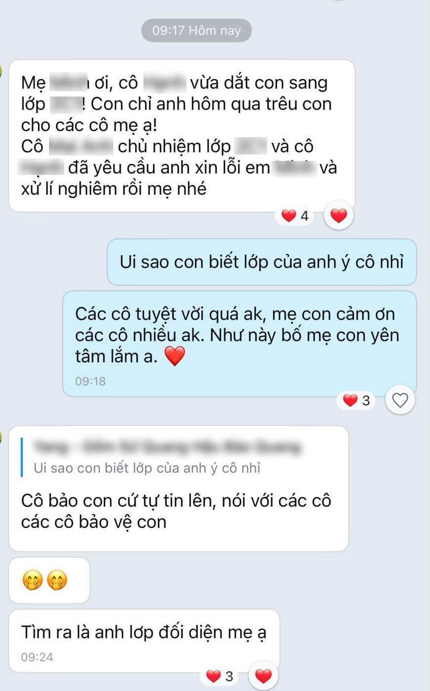 Điều khiến chị bất ngờ là giáo viên không hề xem nhẹ câu chuyện hay cho rằng đó chỉ là trò đùa giữa trẻ nhỏ.