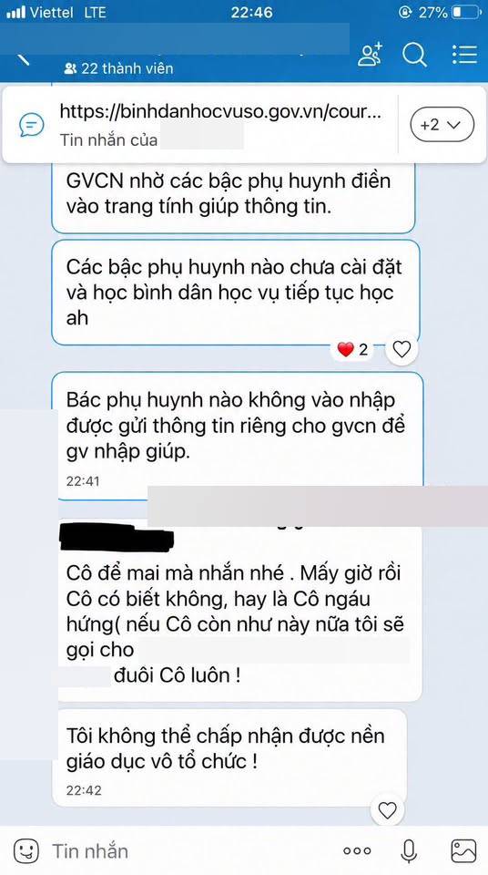 Tin nhắn gây tranh cãi giữa giáo viên và phụ huynh