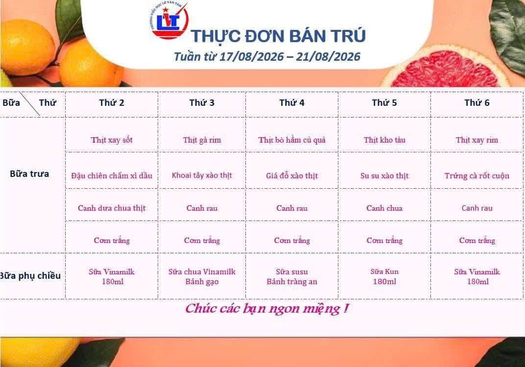 Thực đơn bán trú từ ngày 17 -21/8 của nhà trường