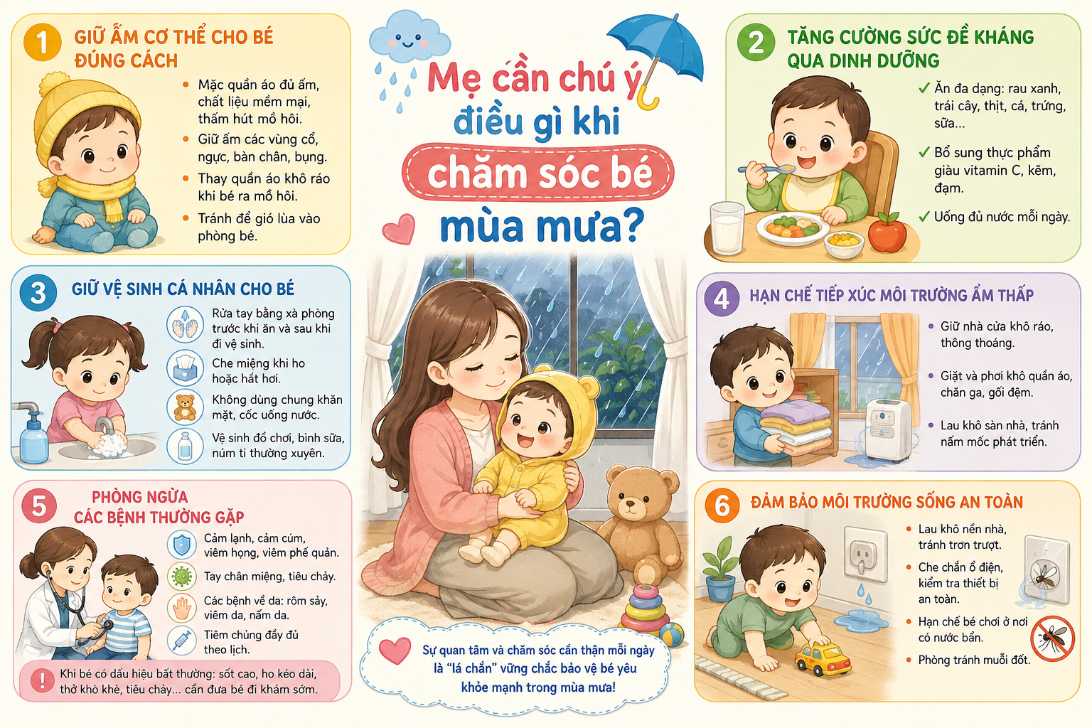 Mẹ cần chú ý điều gì khi chăm sóc bé mùa mưa?