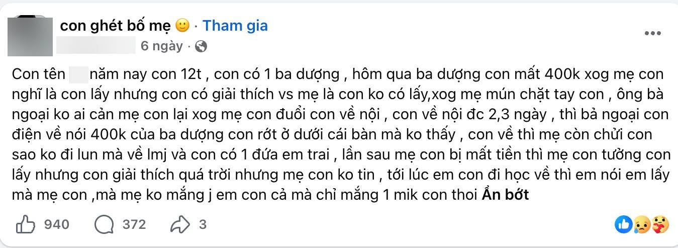 Thay vì gục đầu vào lòng mẹ để tìm sự vỗ về, em chọn ngồi gõ từng dòng chữ cay đắng ấy cho những người xa lạ trên mạng xã hội đọc.