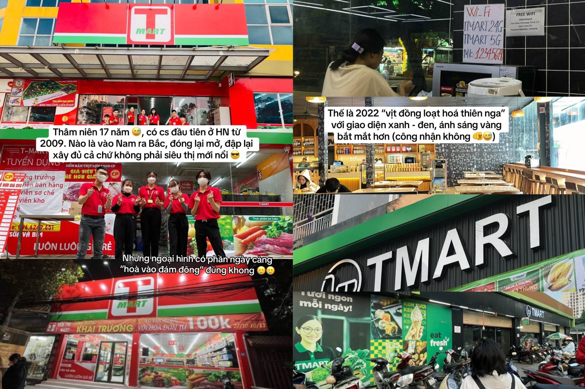 Bộ nhận diện màu đỏ cũ (trái) và màu xanh-đen sau thay đổi (phải) của TMART (Ảnh: TMART 