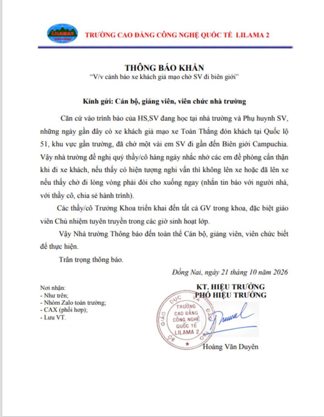 Văn bản cảnh báo của nhà trường