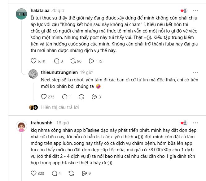 Bình luận hơn 6.100 lượt thích về áp lực “không kết hôn sau này không ai chăm”. Ảnh chụp màn hình Threads