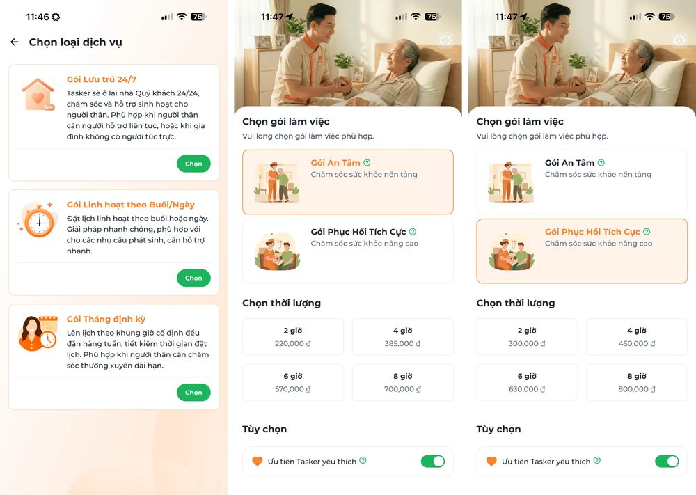 Ba hình thức đặt dịch vụ và bảng giá Gói An Tâm, Gói Phục Hồi Tích Cực theo giờ. Ảnh chụp màn hình ứng dụng bTaskee