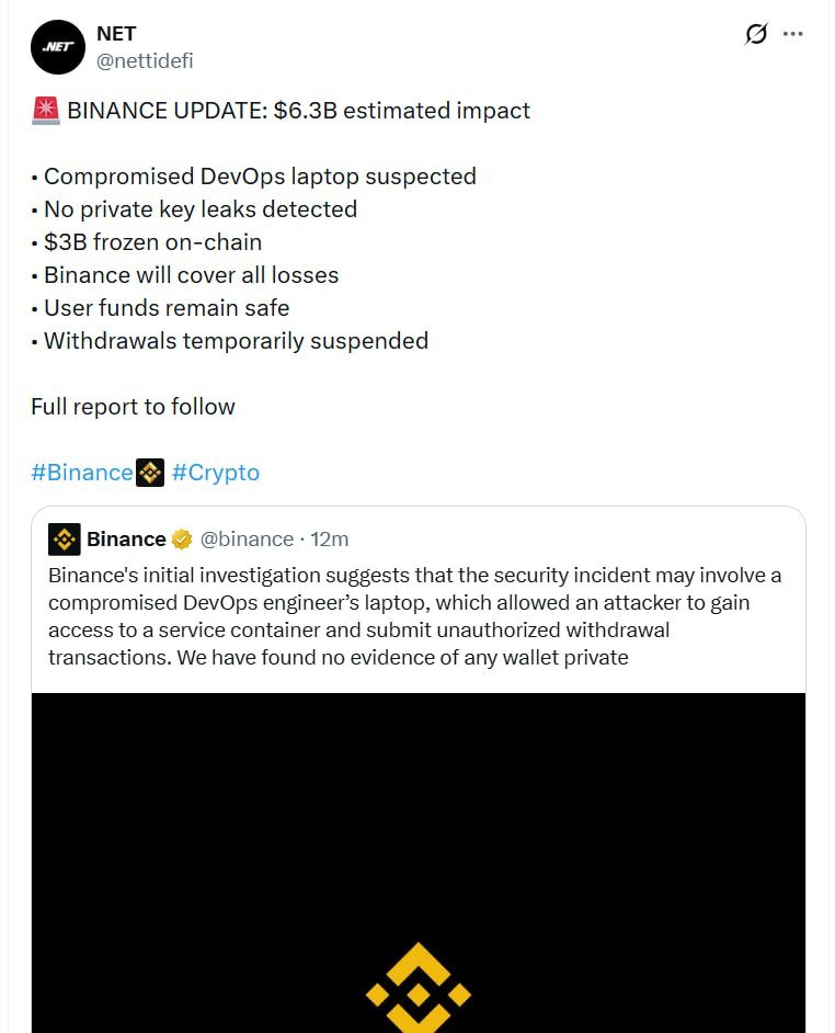 Thông báo điều tra ban đầu của Binance được chia sẻ lại trên mạng xã hội sáng 30/10. Ảnh: X