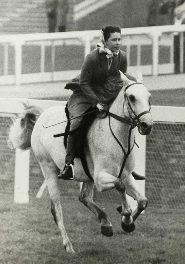 Nữ hoàng Anh trên lưng ngựa, chụp năm 1961