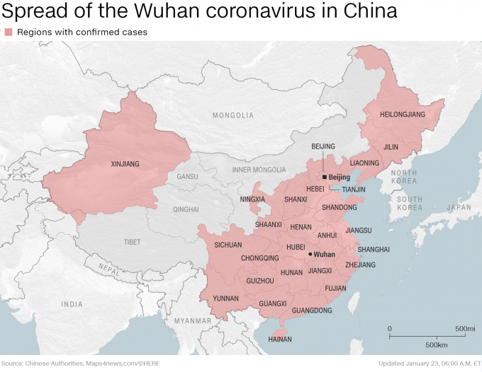 Bản đồ những vùng đã có người nhiễm bệnh ở Trung Quốc/ Ảnh: CNN