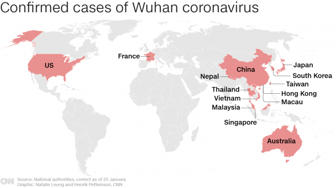 Bản đồ các vùng lãnh thổ đã có bệnh nhân nhiễm virus coronaHiện đã có 41 người ở Trung Quốc tử vong vì bệnh này.