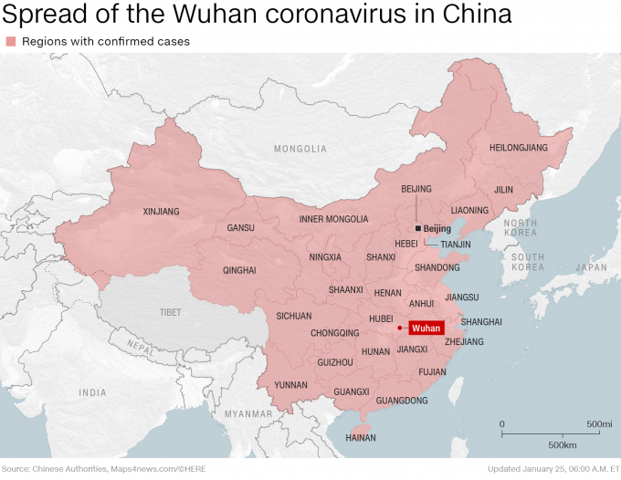 Bản đồ các thành phố ở Trung Quốc phát hiện trường hợp nhiễm virus corona