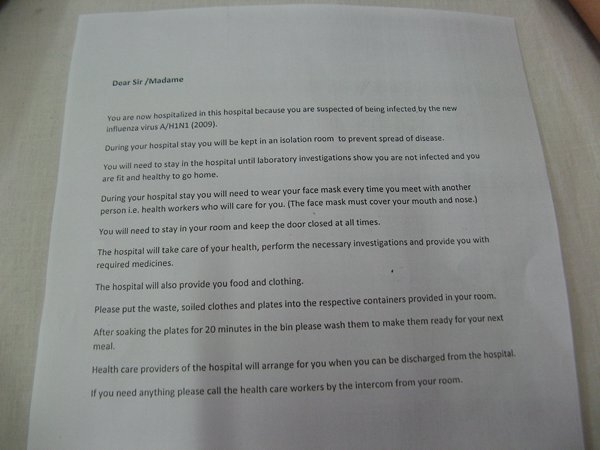Lá thư của phía Myanmar thông báo về việc giữ tôi lại để xét nghiệm vì nghi nhiễm cúm H5N1