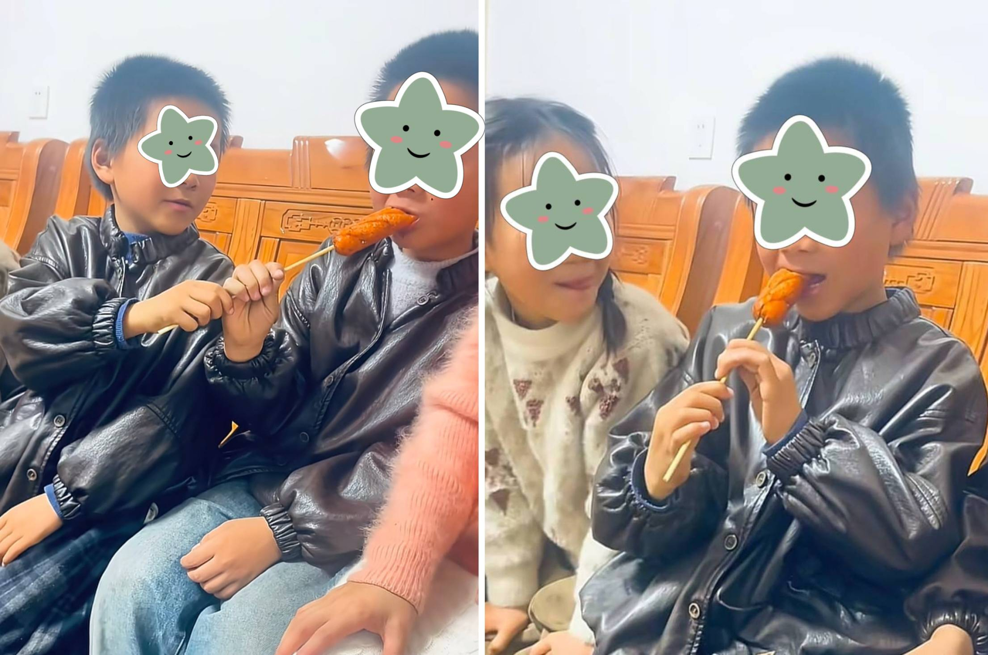 Sau đó là 5 đứa trẻ lần lượt chia nhau 1 cây xúc xích (Ảnh chụp màn hình)