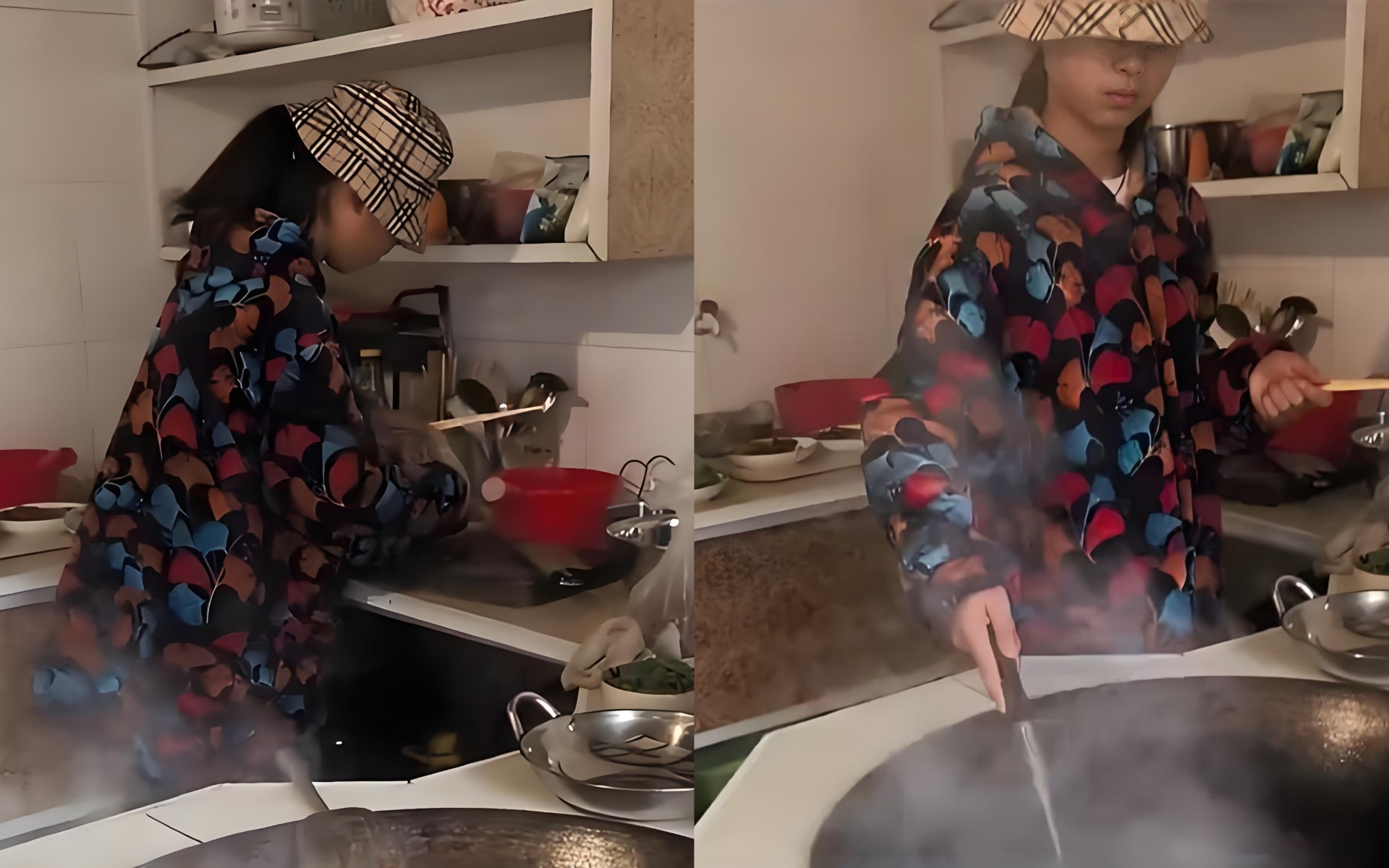 Bé gái 12 tuổi một mình tất bật trong bếp (Ảnh chụp màn hình)