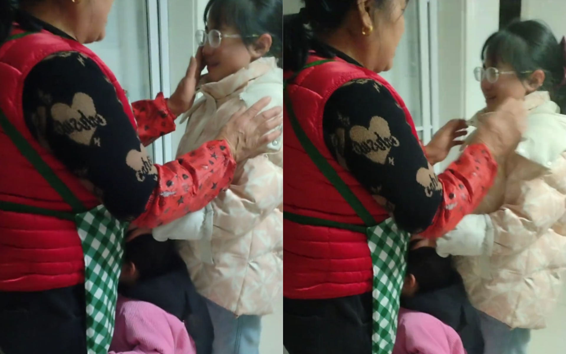 Người bà vẫn tiến lên và lau nước mắt an ủi cháu gái trước