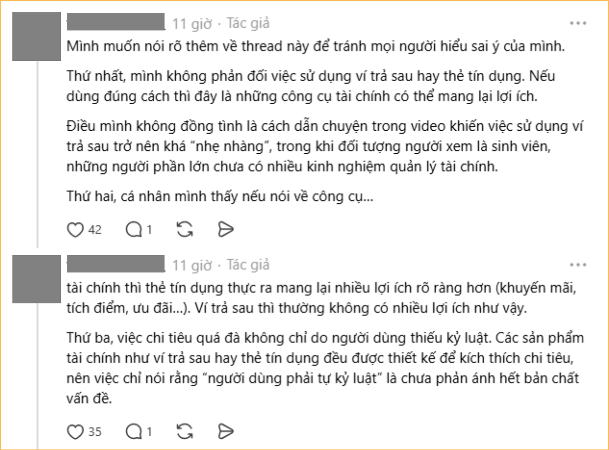Người này còn nhấn mạnh thêm: Họ không phủ nhận tính hữu dụng của thẻ tín dụng hay ví trả sau, nhưng nếu chưa quản lý được chi tiêu, tốt nhất không nên dùng những sản phẩm tài chính “tiêu trước trả sau” (Ảnh chụp màn hình)