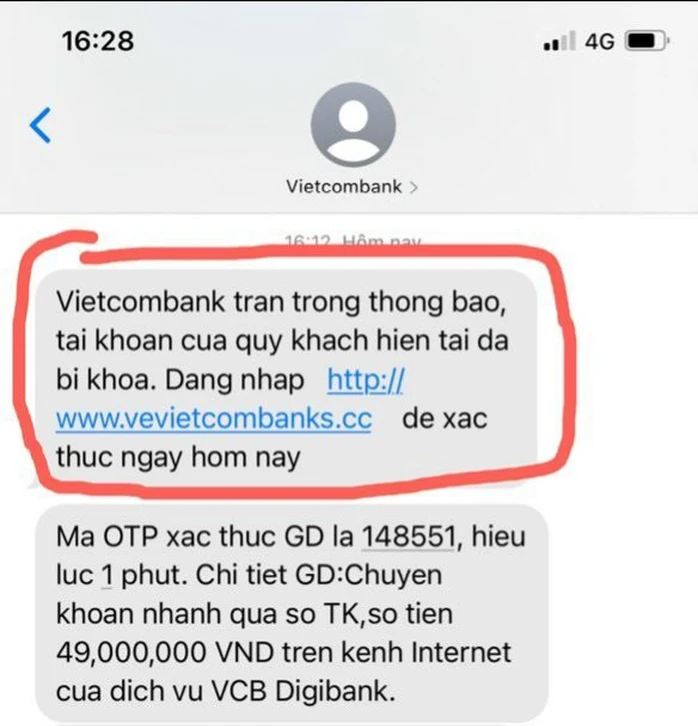 Mẫu tin nhắn giả mạo Vietcombank do kẻ lừa đảo gửi đến người dùng