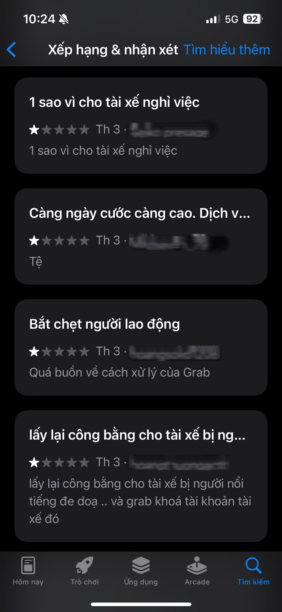 Rất nhiều đánh giá 1 sao về ứng dụng Grab sau vụ việc tài xế xe công nghệ và nhạc sĩ Minh Khang
