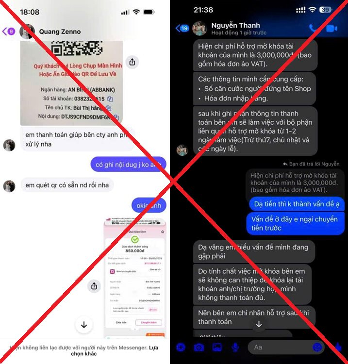   Hình ảnh các đối tượng yêu cầu nạn nhân chuyển khoản để tiến hành mở khóa tài khoản, sau đó chặn liên hệ (Ảnh: Trang TTĐT CA tỉnh Hưng Yên)   